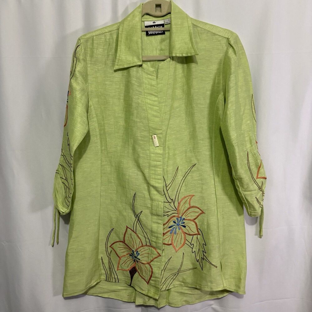 Vtg Yak Magik Top Button Up Linen Silk Green Embroidered Blouse Shacket Small
